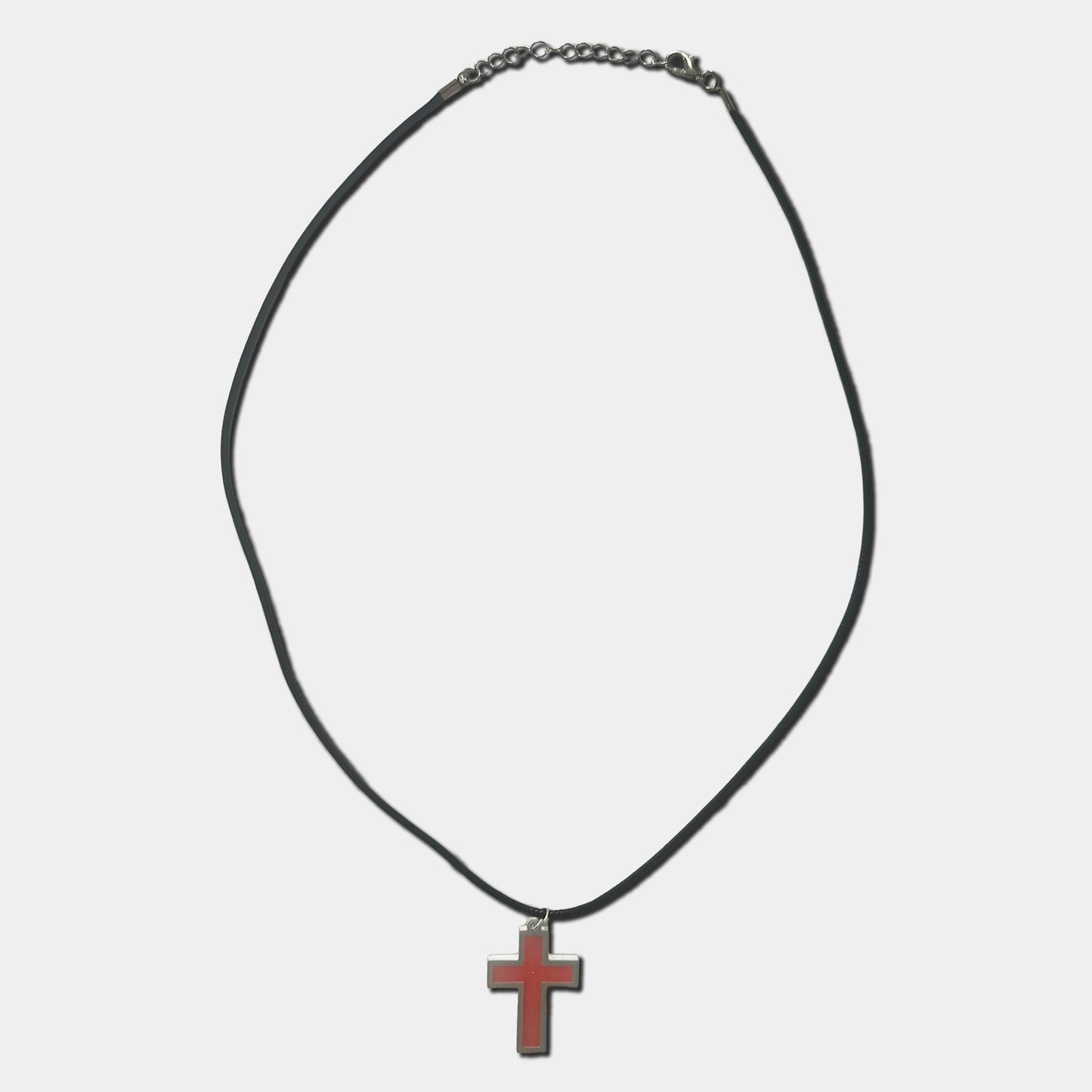 Black cord necklace with red cross pendant on a white background