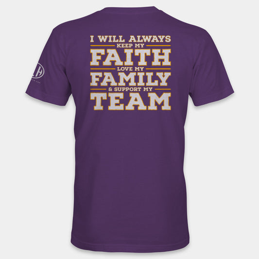 Faith Family Team Crew Neck T-Shirt - Purple and Yellow