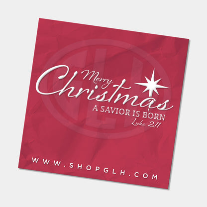 Red square sticker with 'Merry Christmas, A Savior is Born' text and star design on a white background.