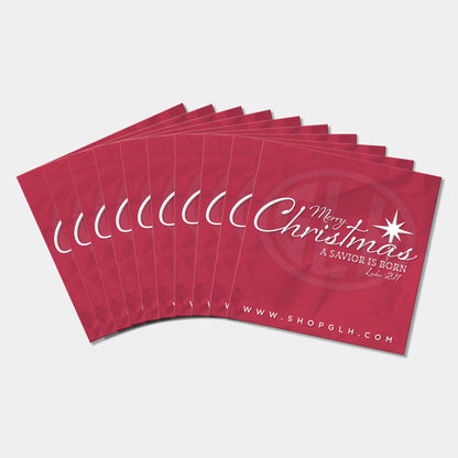 Stack of ten red square stickers with 'Merry Christmas, A Savior is Born' text and star design on a white background.
